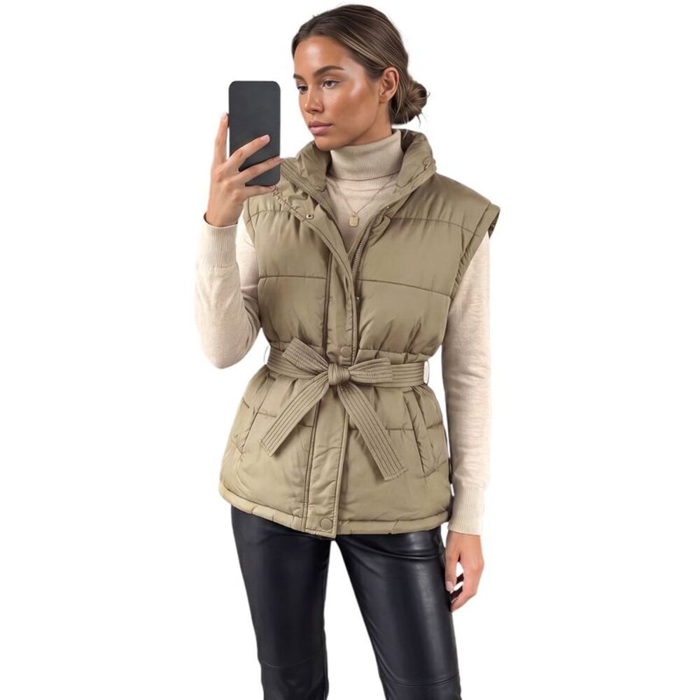 Women Belted Puffer Stand Collar Zip Up Padded Jacket Khaki